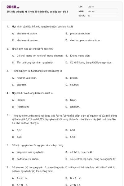 Bộ 3 đề thi giữa kì 1 Hóa 10 Cánh diều có đáp án - Đề 3