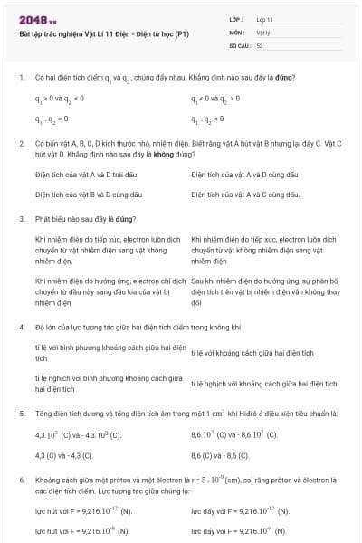 Bài tập trắc nghiệm Vật Lí 11 Điện - Điện từ học (P1)