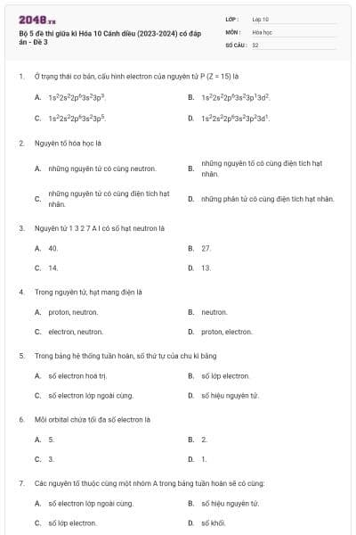 Bộ 5 đề thi giữa kì Hóa 10 Cánh diều (2023-2024) có đáp án - Đề 3