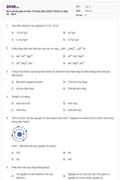 Bộ 5 đề thi giữa kì Hóa 10 Cánh diều (2023-2024) có đáp án - Đề 4
