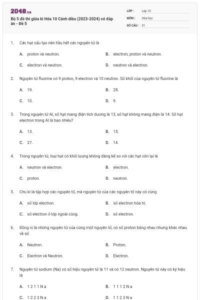 Bộ 5 đề thi giữa kì Hóa 10 Cánh diều (2023-2024) có đáp án - Đề 5