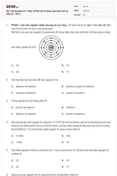 Bộ 3 đề thi giữa kì 1 Hóa 10 Kết nối tri thức cấu trúc mới có đáp án - Đề 2