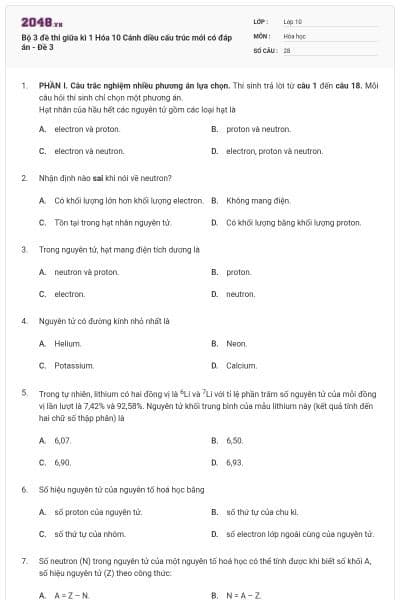 Bộ 3 đề thi giữa kì 1 Hóa 10 Cánh diều cấu trúc mới có đáp án - Đề 3