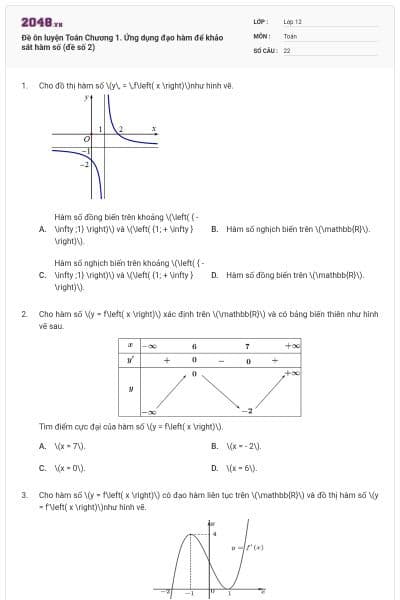 Đề ôn luyện Toán Chương 1. Ứng dụng đạo hàm để khảo sát hàm số (đề số 2)