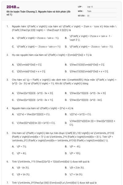 Đề ôn luyện Toán Chương 2. Nguyên hàm và tích phân (đề số 1)