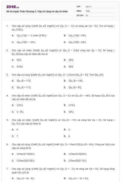 Đề ôn luyện Toán Chương 3. Cấp số cộng và cấp số nhân