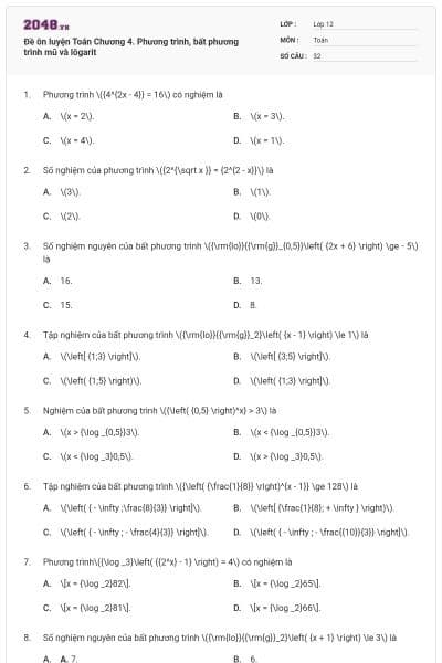 Đề ôn luyện Toán Chương 4. Phương trình, bất phương trình mũ và lôgarit