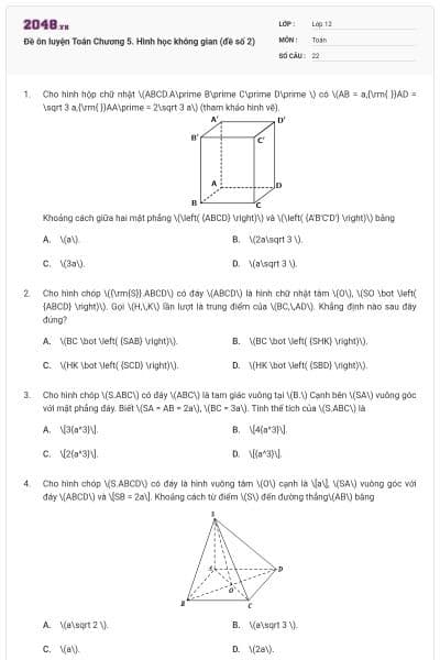 Đề ôn luyện Toán Chương 5. Hình học không gian (đề số 2)