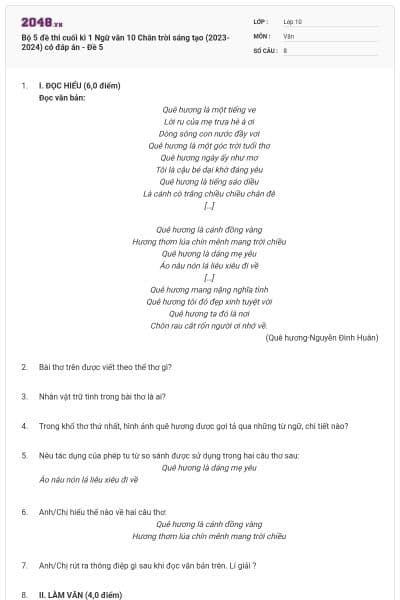 Bộ 5 đề thi cuối kì 1 Ngữ văn 10 Chân trời sáng tạo (2023-2024) có đáp án - Đề 5