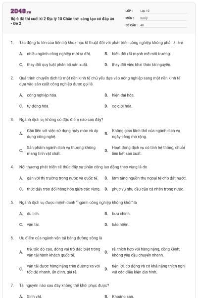 Bộ 6 đề thi cuối kì 2 Địa lý 10 Chân trời sáng tạo có đáp án - Đề 2