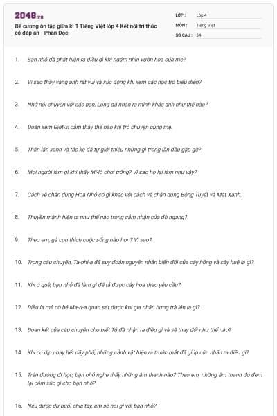 Đề cương ôn tập giữa kì 1 Tiếng Việt lớp 4 Kết nối tri thức có đáp án - Phần Đọc