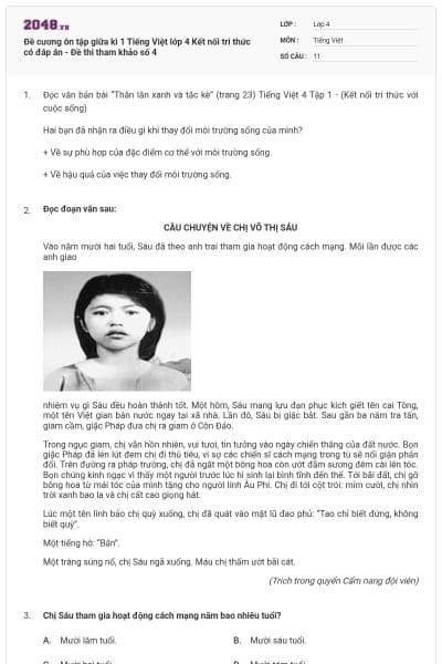 Đề cương ôn tập giữa kì 1 Tiếng Việt lớp 4 Kết nối tri thức có đáp án - Đề thi tham khảo số 4