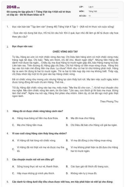 Đề cương ôn tập giữa kì 1 Tiếng Việt lớp 4 Kết nối tri thức có đáp án - Đề thi tham khảo số 9