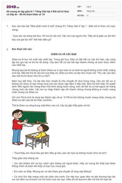 Đề cương ôn tập giữa kì 1 Tiếng Việt lớp 4 Kết nối tri thức có đáp án - Đề thi tham khảo số 10
