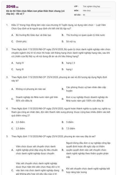 Đề ôn thi Viên chức Mầm non phần Kiến thức chung (có đáp án) - Đề số 7