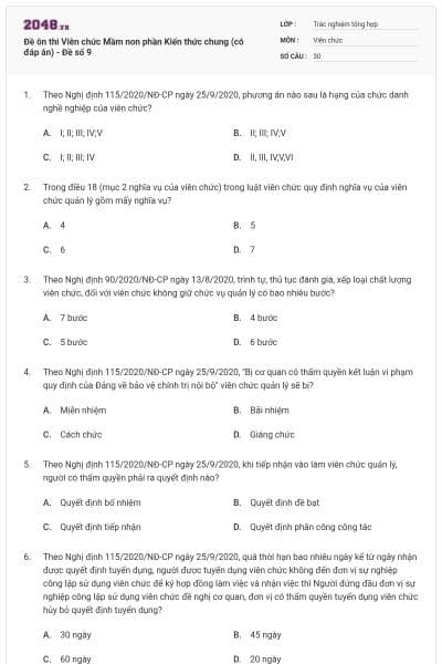Đề ôn thi Viên chức Mầm non phần Kiến thức chung (có đáp án) - Đề số 9