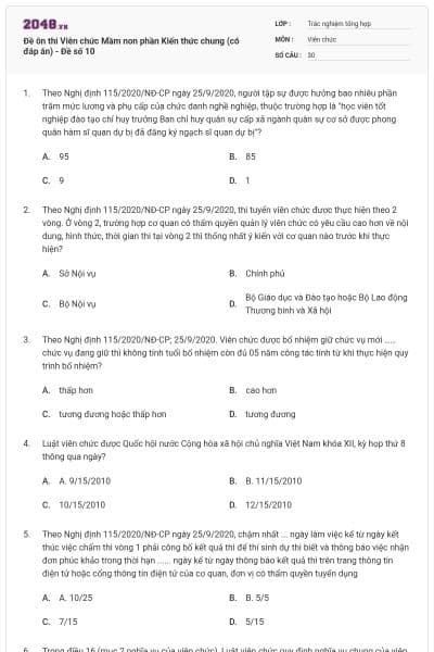 Đề ôn thi Viên chức Mầm non phần Kiến thức chung (có đáp án) - Đề số 10