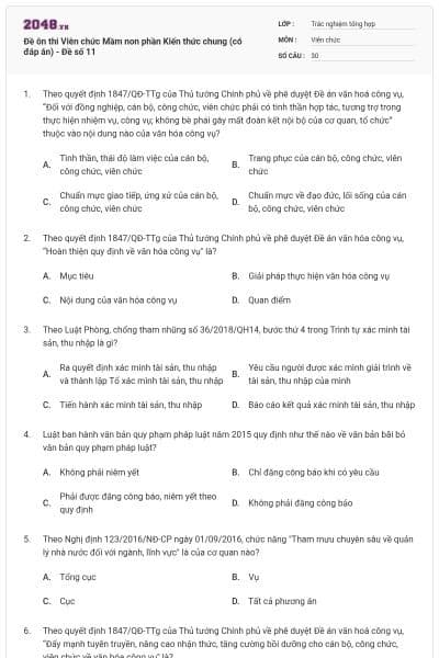 Đề ôn thi Viên chức Mầm non phần Kiến thức chung (có đáp án) - Đề số 11