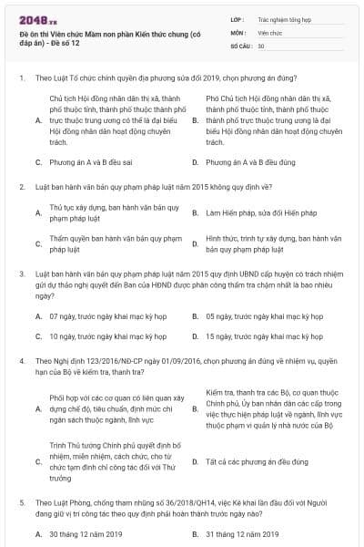 Đề ôn thi Viên chức Mầm non phần Kiến thức chung (có đáp án) - Đề số 12