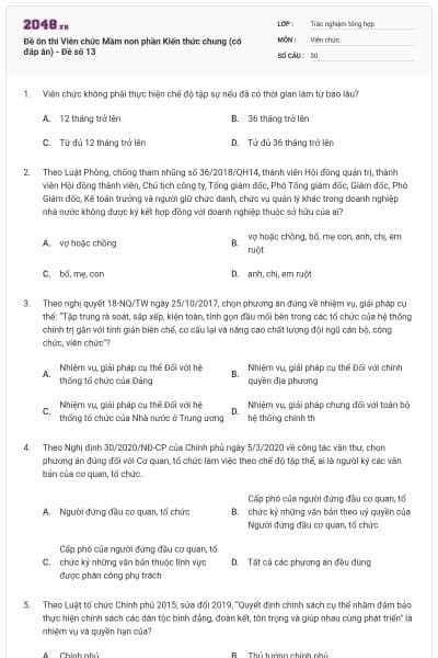 Đề ôn thi Viên chức Mầm non phần Kiến thức chung (có đáp án) - Đề số 13