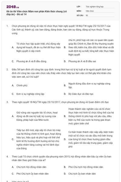 Đề ôn thi Viên chức Mầm non phần Kiến thức chung (có đáp án) - Đề số 14