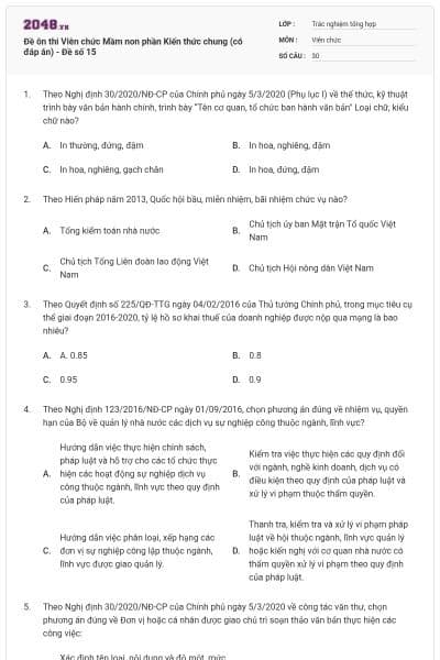 Đề ôn thi Viên chức Mầm non phần Kiến thức chung (có đáp án) - Đề số 15