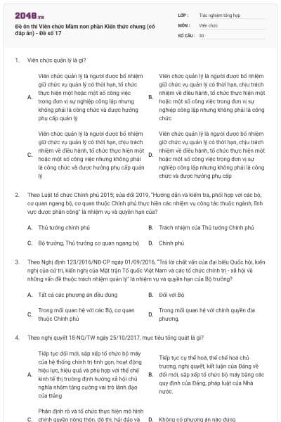 Đề ôn thi Viên chức Mầm non phần Kiến thức chung (có đáp án) - Đề số 17