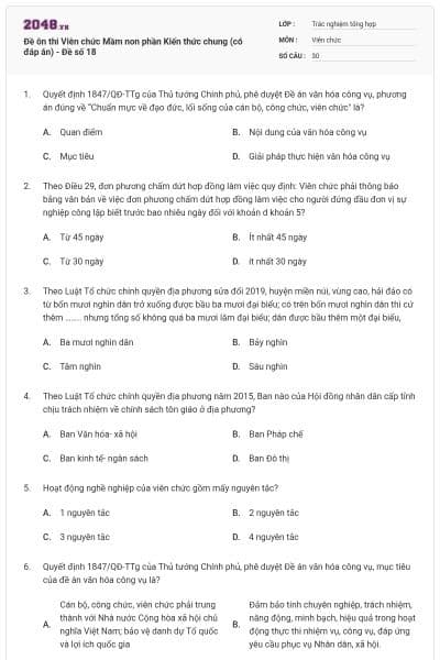 Đề ôn thi Viên chức Mầm non phần Kiến thức chung (có đáp án) - Đề số 18