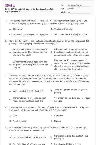 Đề ôn thi Viên chức Mầm non phần Kiến thức chung (có đáp án) - Đề số 20