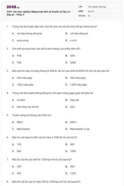 320+ câu trắc nghiệm Mạng máy tính và truyền số liệu có đáp án - Phần 3