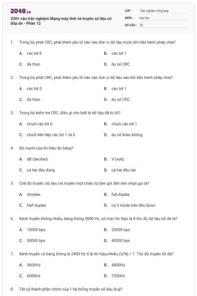 320+ câu trắc nghiệm Mạng máy tính và truyền số liệu có đáp án - Phần 12