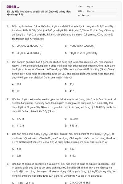 Bài tập Hóa học hữu cơ có giải chi tiết (mức độ thông hiểu, vận dụng - P2)