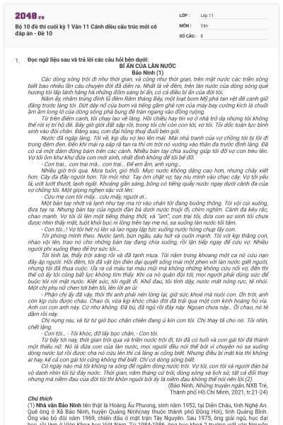 Bộ 10 đề thi cuối kỳ 1 Văn 11 Cánh diều cấu trúc mới có đáp án - Đề 10