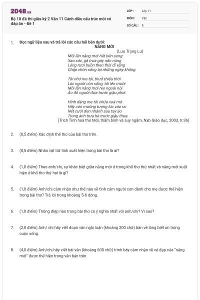 Bộ 10 đề thi giữa ký 2 Văn 11 Cánh diều cấu trúc mới có đáp án - Đề 1