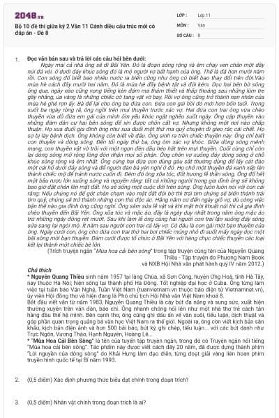 Bộ 10 đề thi giữa ký 2 Văn 11 Cánh diều cấu trúc mới có đáp án - Đề 8