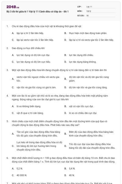 Bộ 3 đề thi giữa kì 1 Vật lý 11 Cánh diều có đáp án - Đề 1