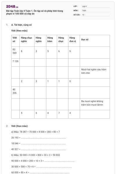 Bài tập Toán lớp 4 Tuần 1. Ôn tập số và phép tính trong phạm vi 100 000 có đáp án