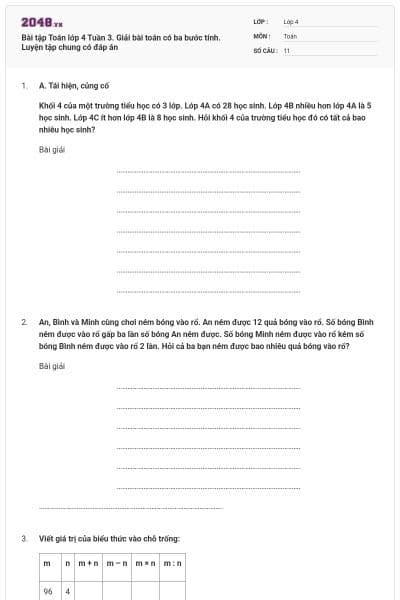 Bài tập Toán lớp 4 Tuần 3. Giải bài toán có ba bước tính. Luyện tập chung có đáp án