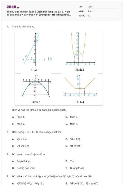 20 câu trắc nghiệm Toán 8 Chân trời sáng tạo Bài 3. Hàm số bậc nhất y = ax + b (a ≠ 0) (Đúng sai - Trả lời ngắn) có đáp án