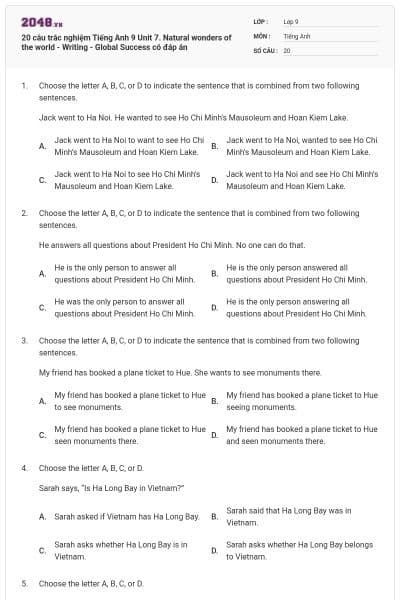 20 câu trắc nghiệm Tiếng Anh 9 Unit 7. Natural wonders of the world - Writing - Global Success có đáp án