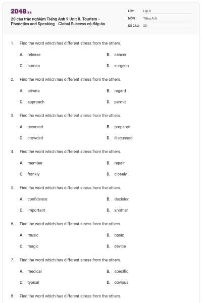 20 câu trắc nghiệm Tiếng Anh 9 Unit 8. Tourism - Phonetics and Speaking - Global Success có đáp án