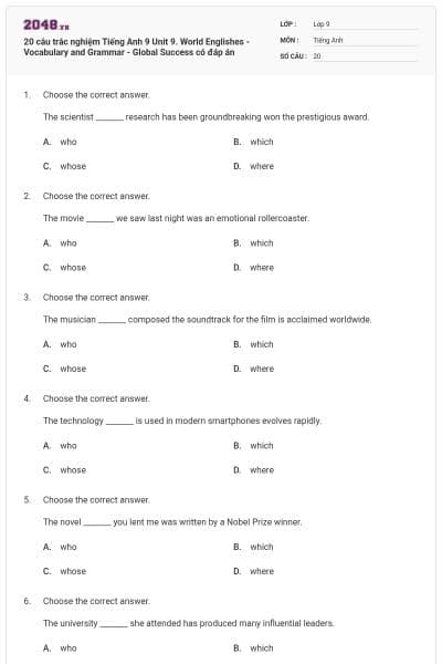 20 câu trắc nghiệm Tiếng Anh 9 Unit 9. World Englishes - Vocabulary and Grammar - Global Success có đáp án