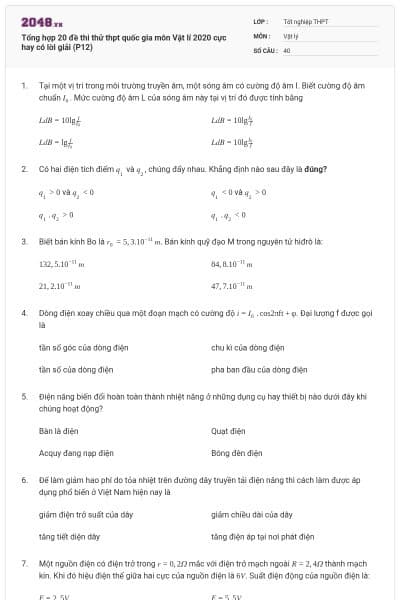 Tổng hợp 20 đề thi thử thpt quốc gia môn Vật lí 2020 cực hay có lời giải (P12)