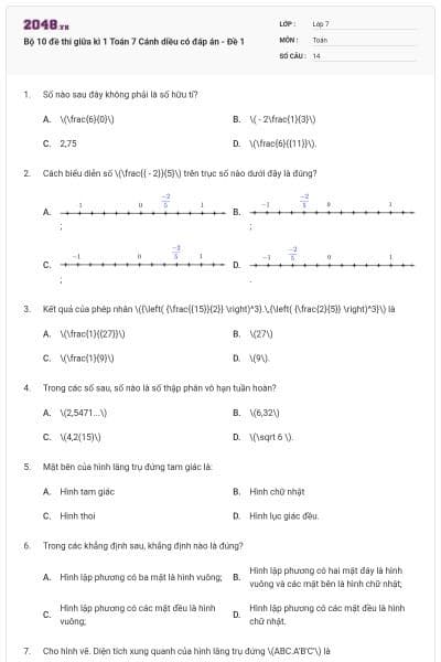 Bộ 10 đề thi giữa kì 1 Toán 7 Cánh diều có đáp án - Đề 1