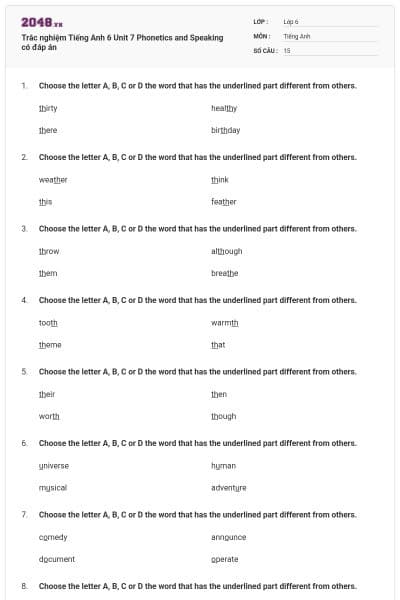 Trắc nghiệm Tiếng Anh 6 Unit 7 Phonetics and Speaking có đáp án