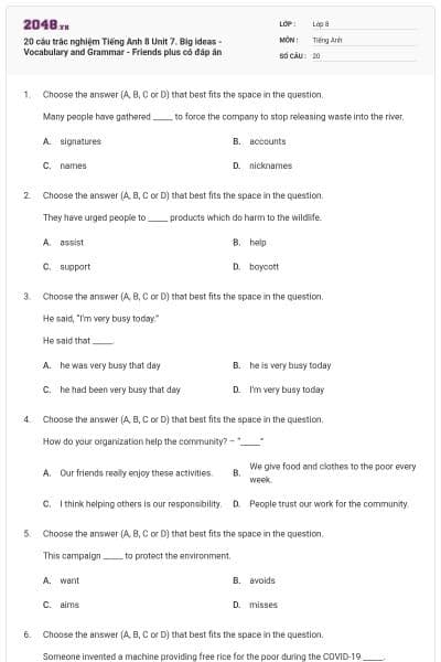 20 câu trắc nghiệm Tiếng Anh 8 Unit 7. Big ideas - Vocabulary and Grammar - Friends plus có đáp án