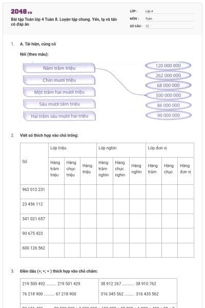 Bài tập Toán lớp 4 Tuần 8. Luyện tập chung. Yến, tạ và tấn có đáp án