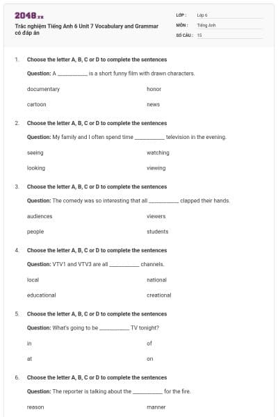 Trắc nghiệm Tiếng Anh 6 Unit 7 Vocabulary and Grammar có đáp án