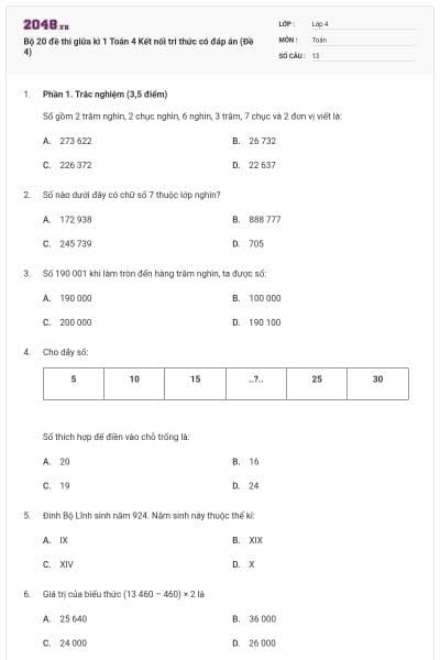 Bộ 20 đề thi giữa kì 1 Toán 4 Kết nối tri thức có đáp án (Đề 4)