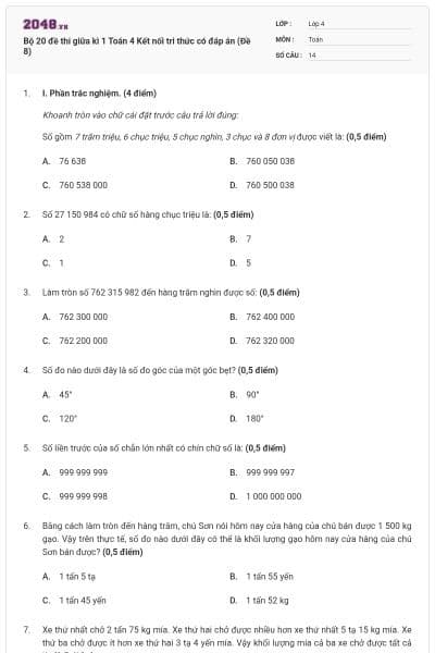 Bộ 20 đề thi giữa kì 1 Toán 4 Kết nối tri thức có đáp án (Đề 8)